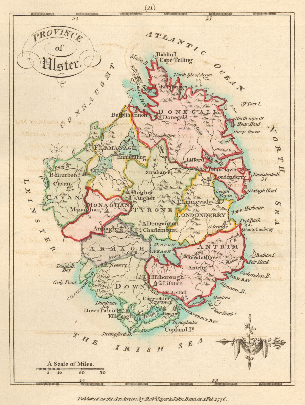Province of Ulster. Antique copperplate map by Scalé / Sayer 1776 old